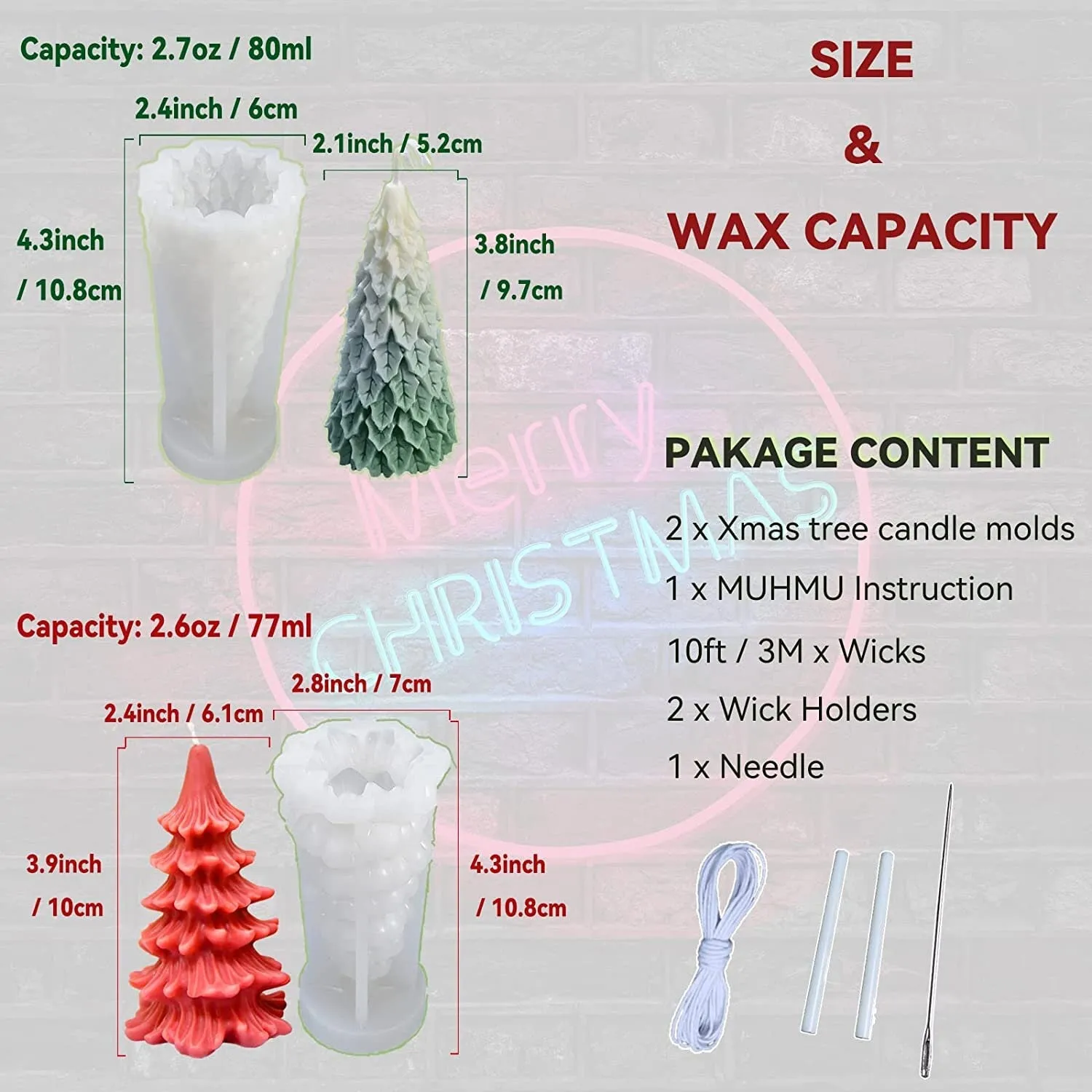 2PCS Candle Molds for Candle Making, MUHMU 3D Christmas Tree Shape Silicone Resin Epoxy Mould DIY Casting Aromatherapy Wax Candles