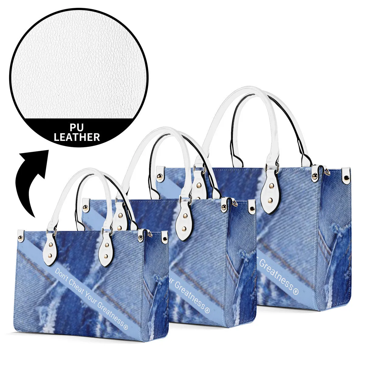 45 Dgr White Logo & Denim Multiple Sizes Upgraded Luxury Women PU Leather Handbag