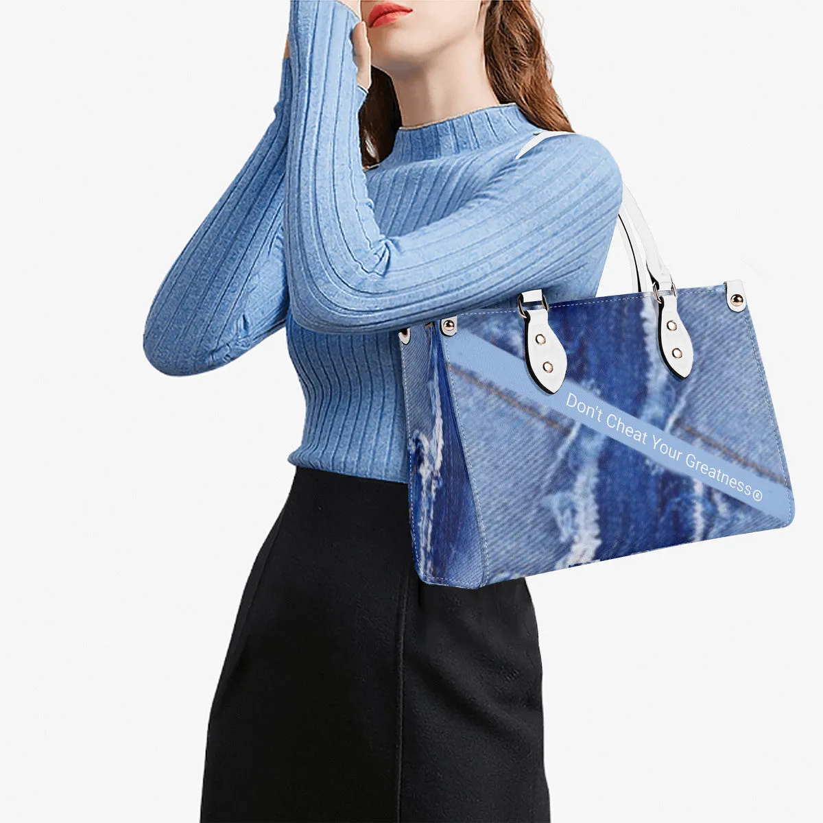 45 Dgr White Logo & Denim Multiple Sizes Upgraded Luxury Women PU Leather Handbag