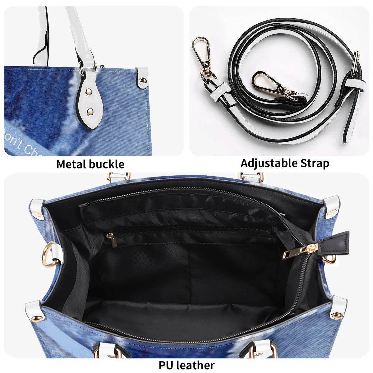 45 Dgr White Logo & Denim Multiple Sizes Upgraded Luxury Women PU Leather Handbag