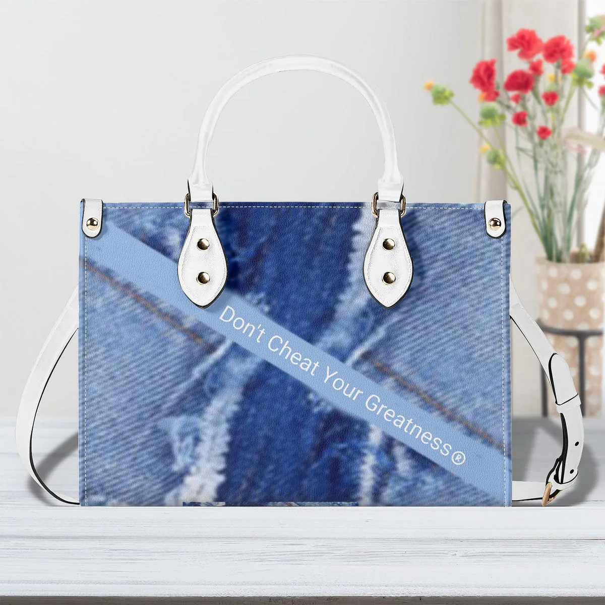 45 Dgr White Logo & Denim Multiple Sizes Upgraded Luxury Women PU Leather Handbag