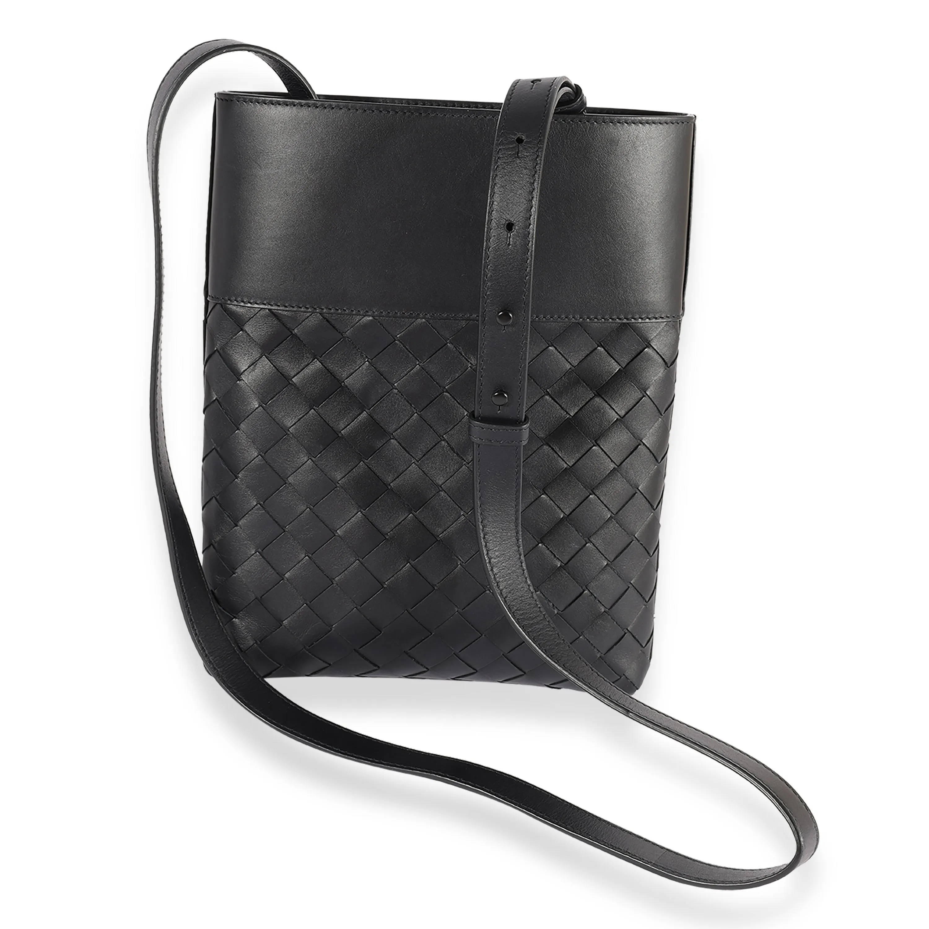 Black Intrecciato Leather Flat Crossbody