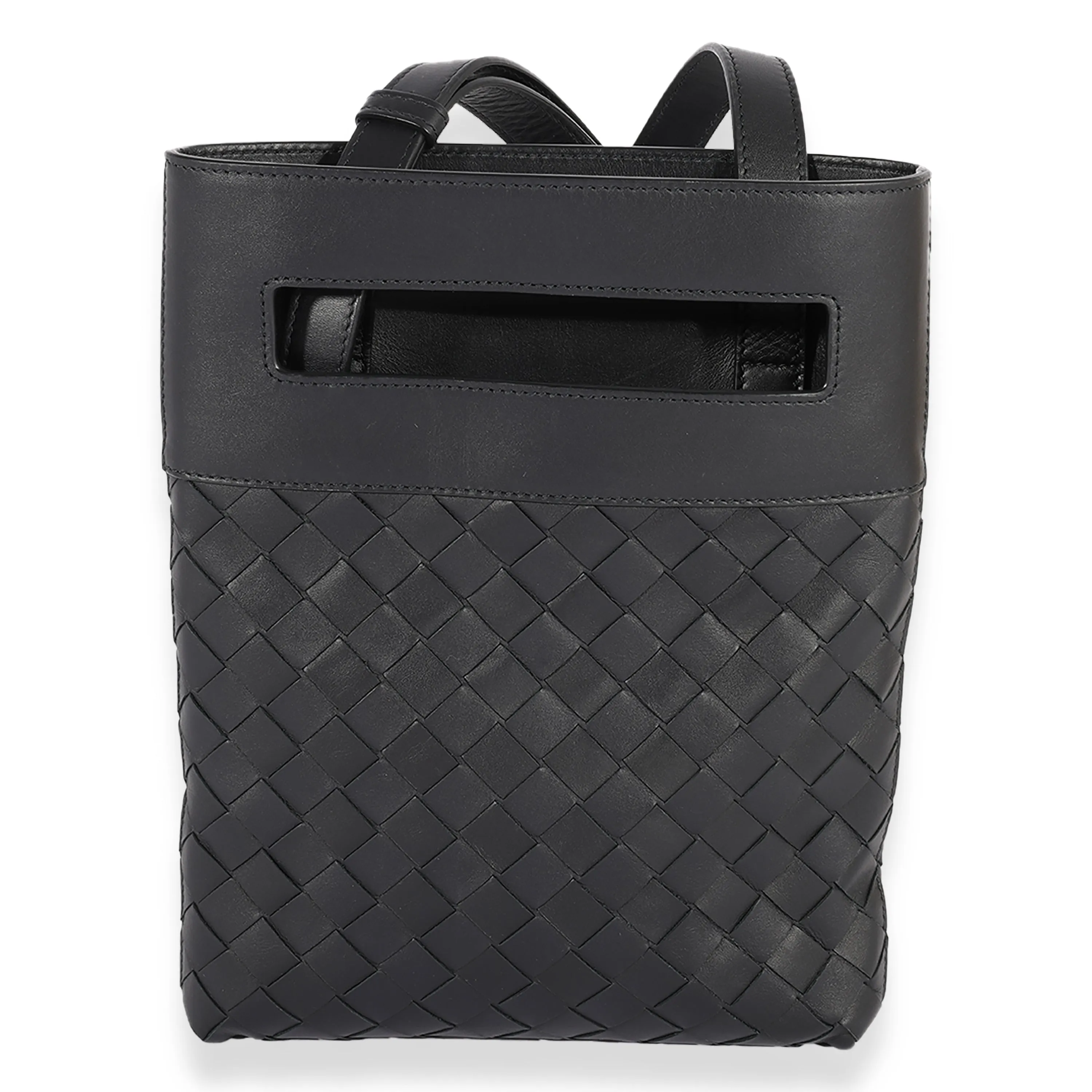 Black Intrecciato Leather Flat Crossbody