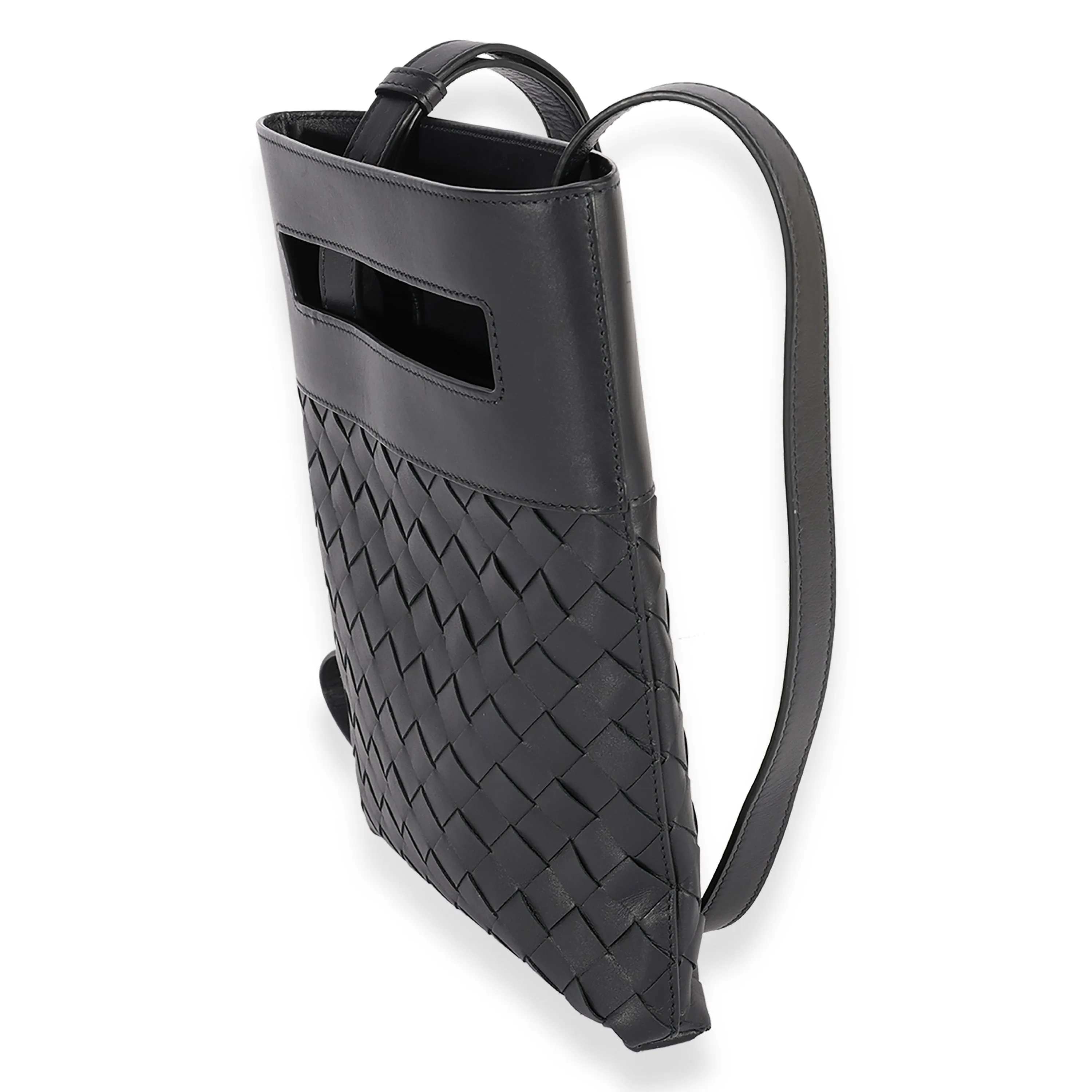 Black Intrecciato Leather Flat Crossbody