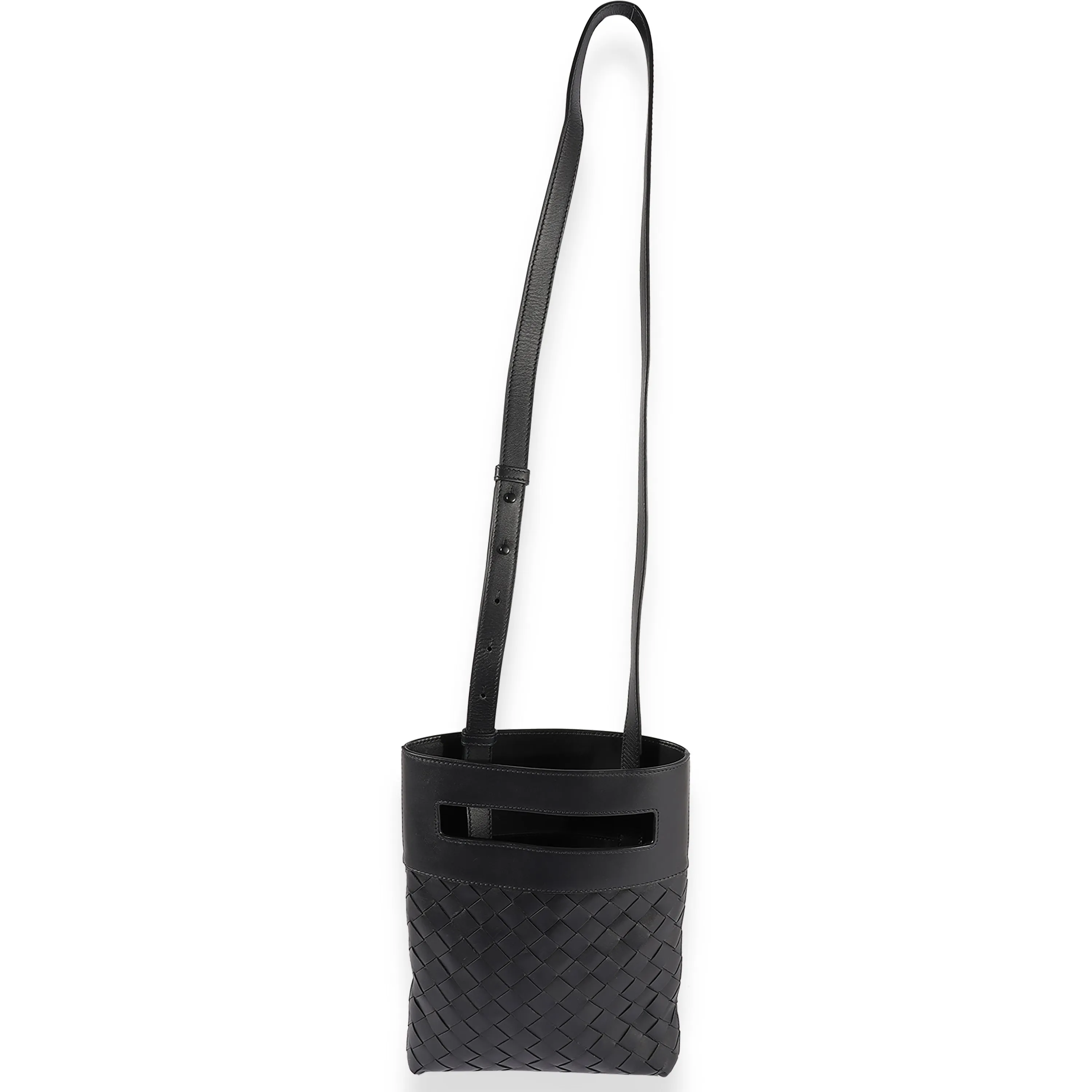Black Intrecciato Leather Flat Crossbody