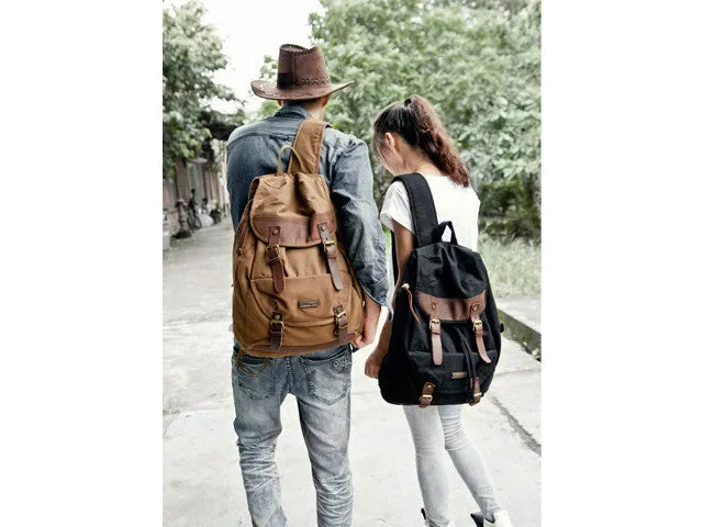Brown Canvas  & Leather Casual Travel Rucksack Backpack