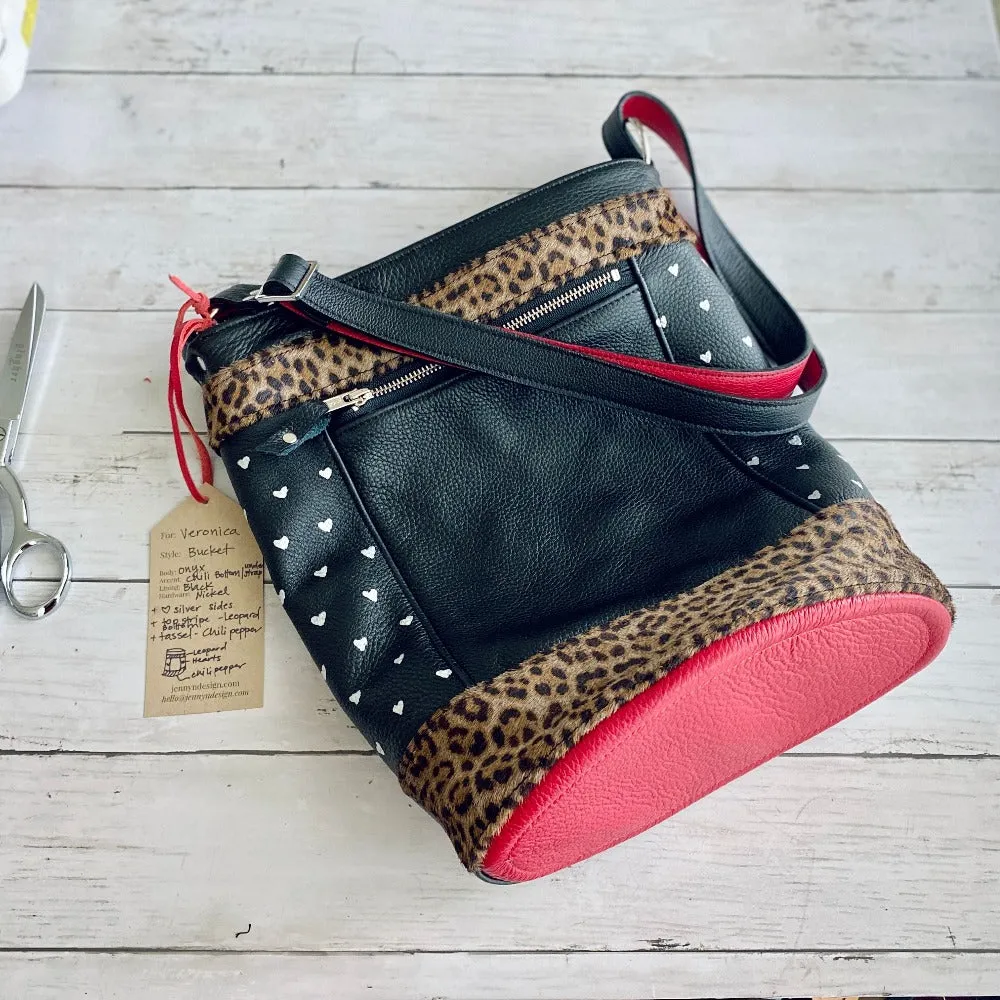 Bucket in Onyx, Leopard, Chili Pepper, Handpainted Hearts