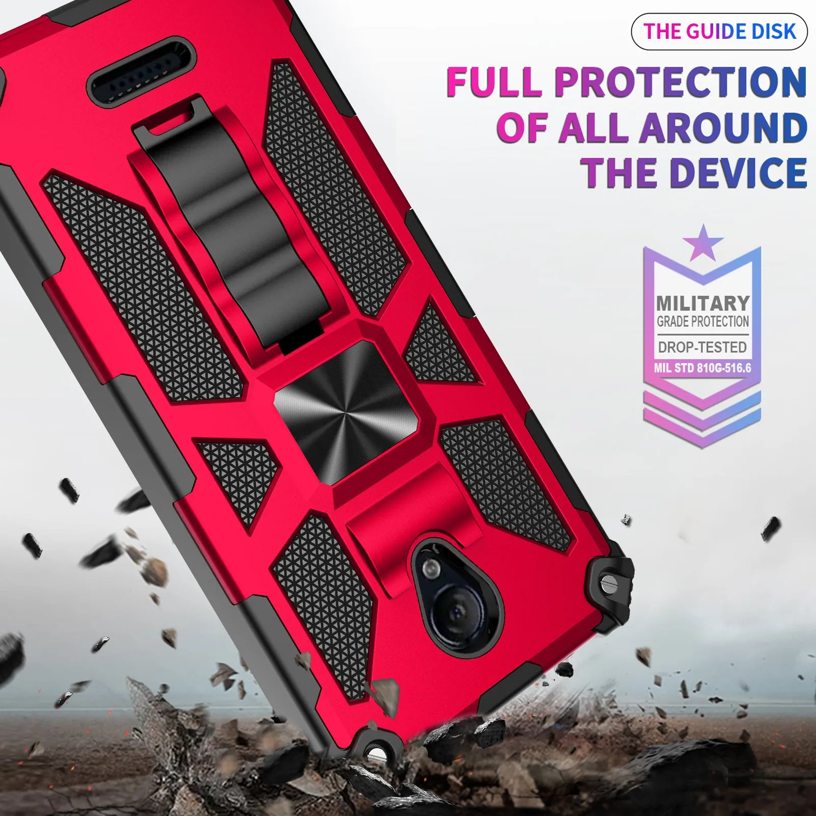 Cricket Icon 2 Case [Military Grade] Ring Car Mount Kickstand w/[Tempered Glass] Hybrid Hard PC Soft TPU Shockproof Protective Case - Red