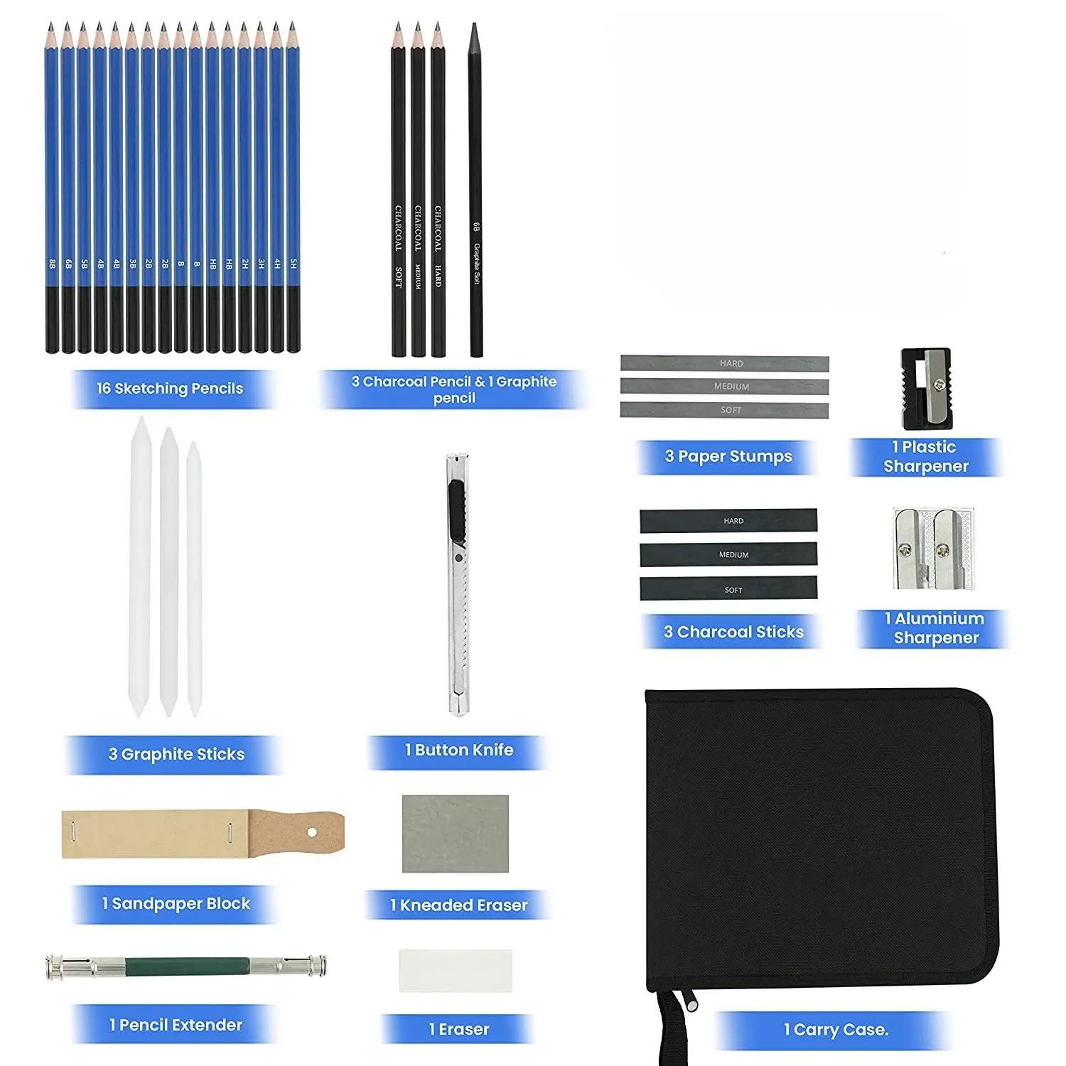 EzLife Sketch Kit, 35 Pieces Professional Drawing Pencils, Sketching Kit, Drawing Kit, Shading Pencils, Sketch Pencils Set for Artists