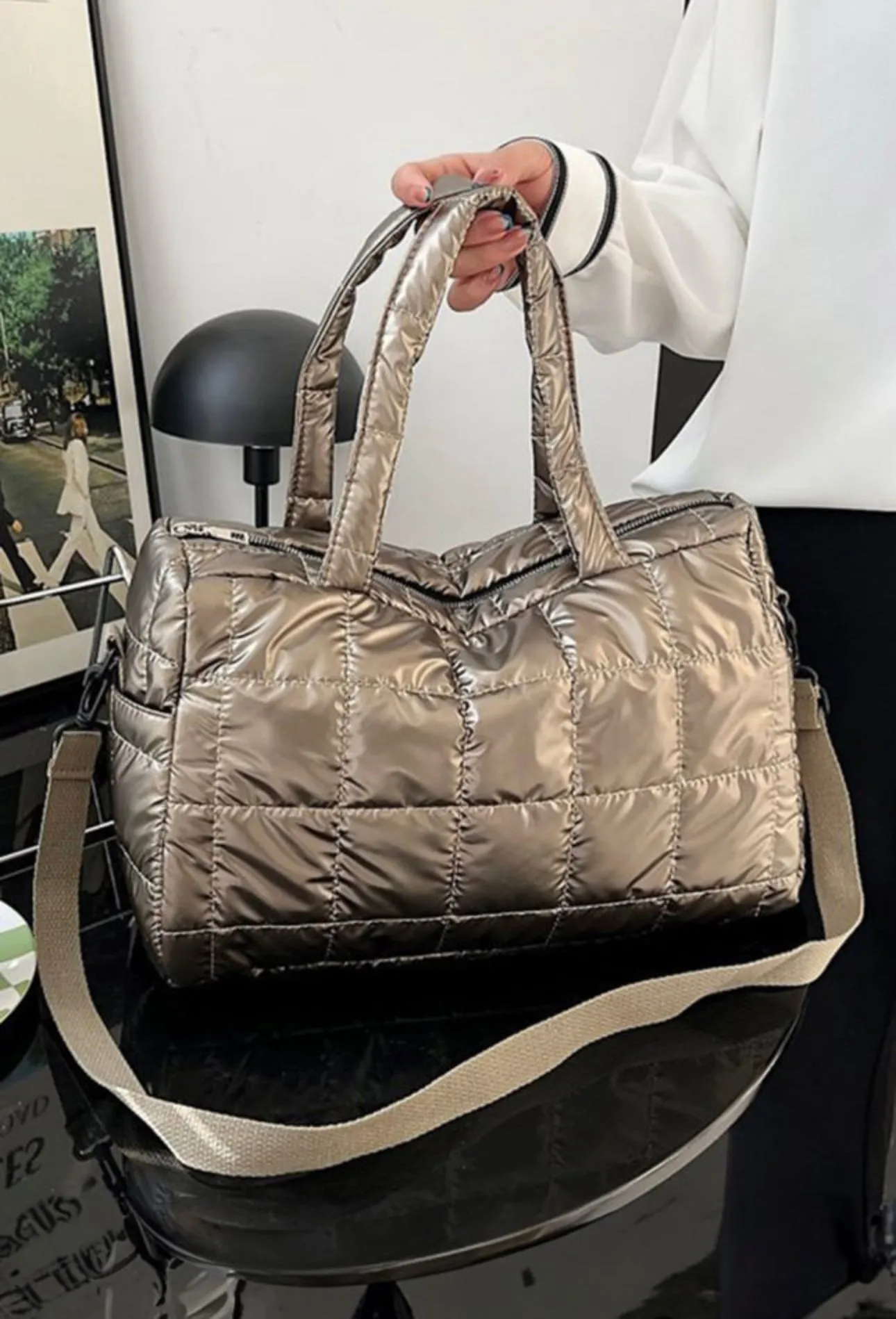 Gold Large Quilted Puffer Tote