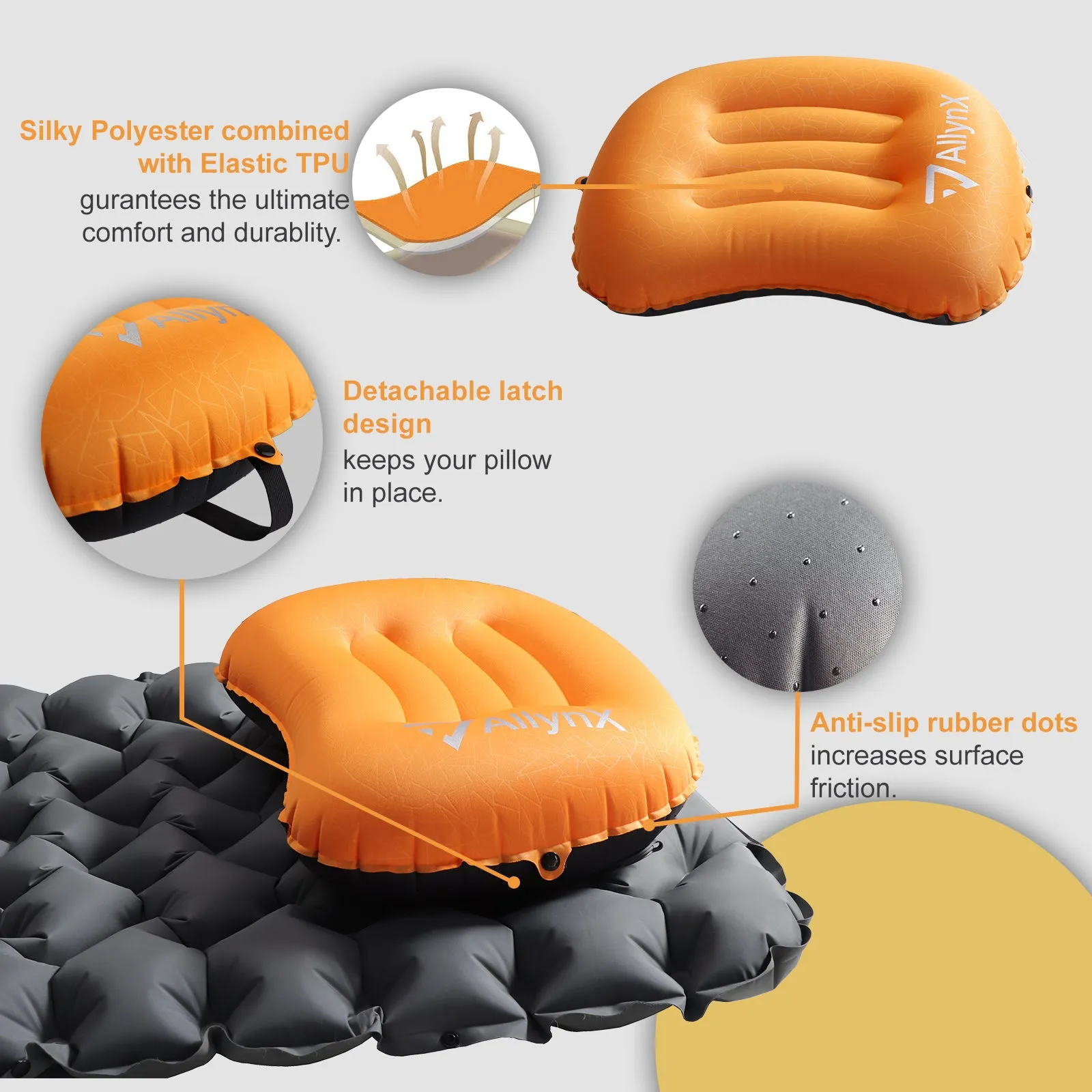 Inflatable Pillow, AllynX Ultralight, Compact, Comfortable, Ergonomic Pillow for Neck & Lumbar Support While Camp, Backpacking, Dynamic Orange
