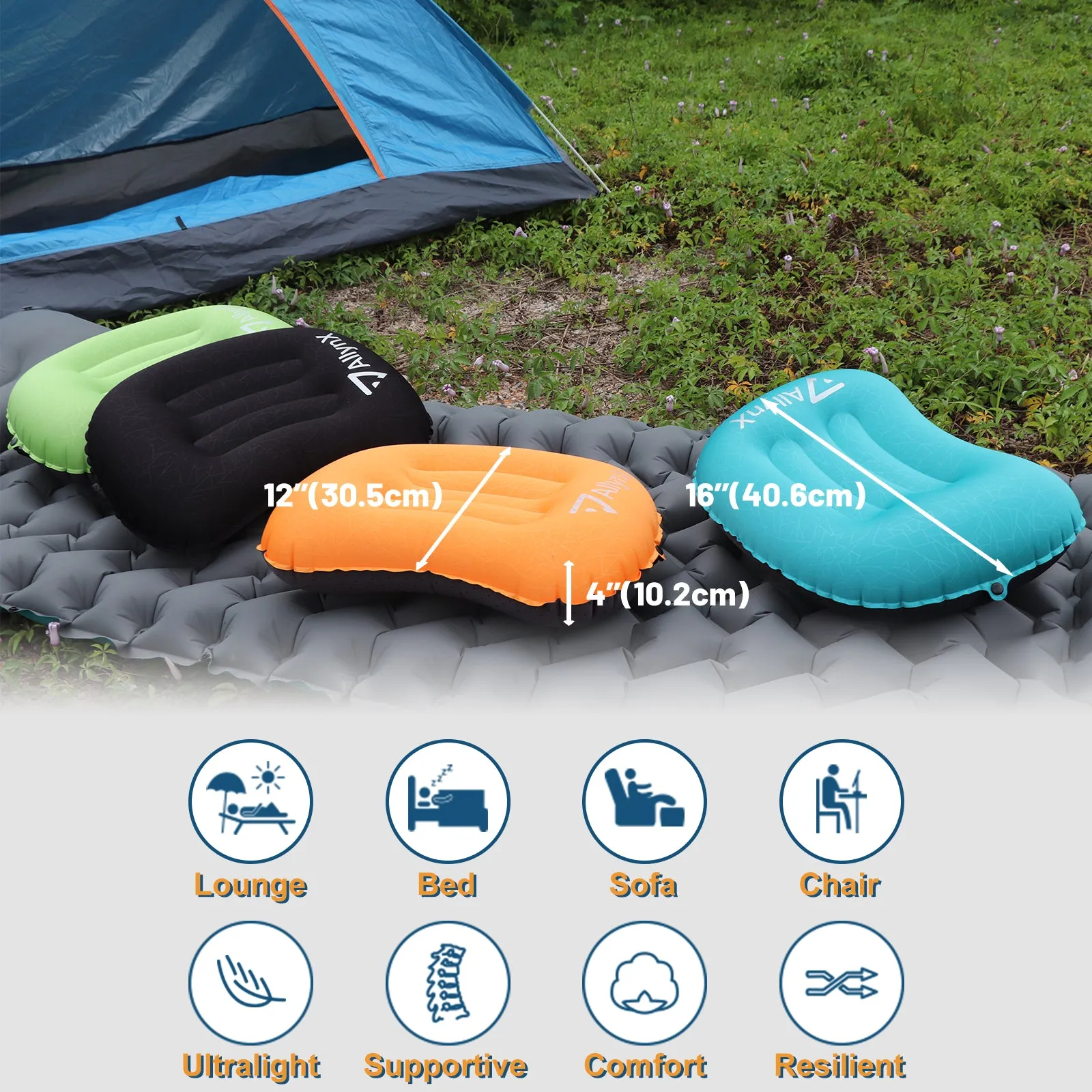 Inflatable Pillow, AllynX Ultralight, Compact, Comfortable, Ergonomic Pillow for Neck & Lumbar Support While Camp, Backpacking, Dynamic Orange