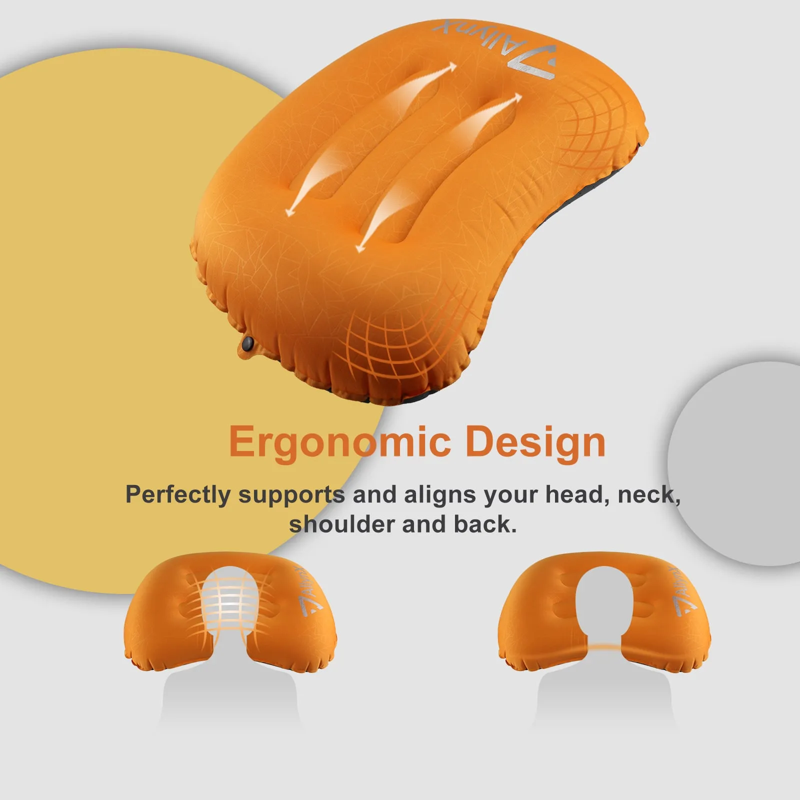 Inflatable Pillow, AllynX Ultralight, Compact, Comfortable, Ergonomic Pillow for Neck & Lumbar Support While Camp, Backpacking, Dynamic Orange