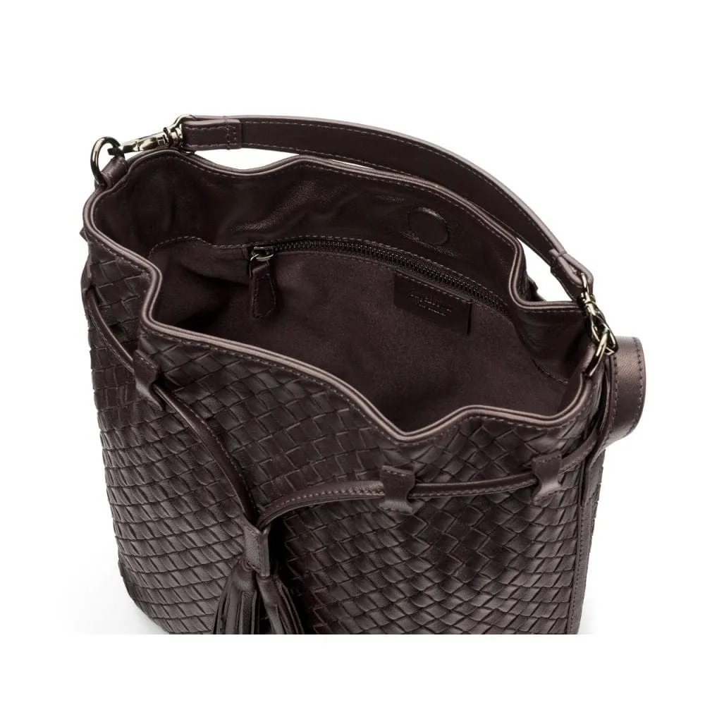Kelly Woven Leather Bucket Bag - Brown