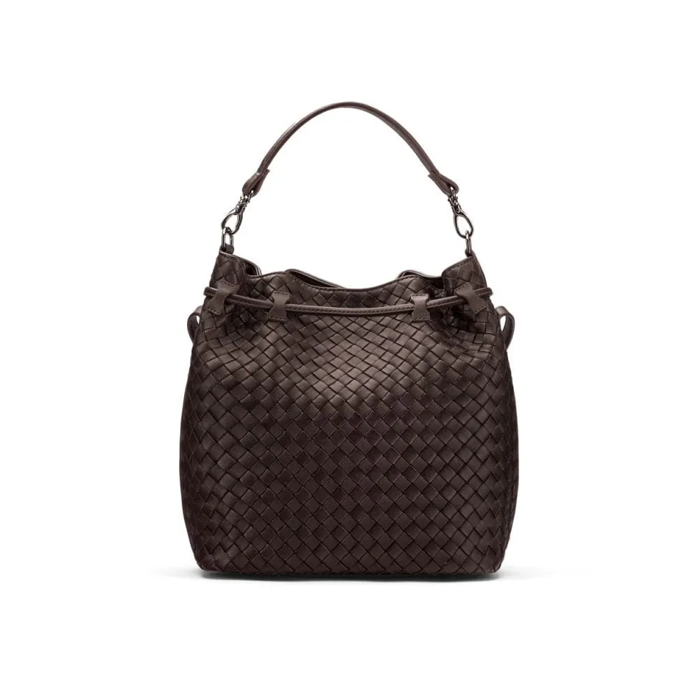 Kelly Woven Leather Bucket Bag - Brown