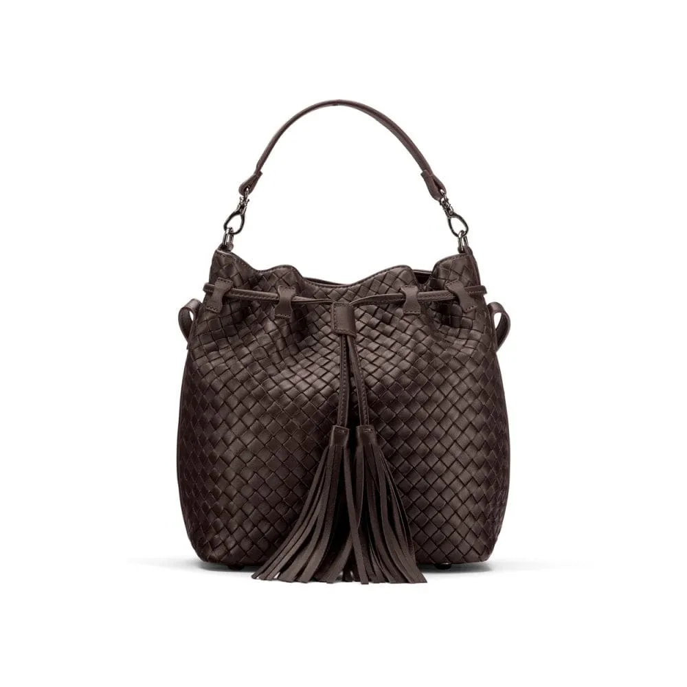 Kelly Woven Leather Bucket Bag - Brown