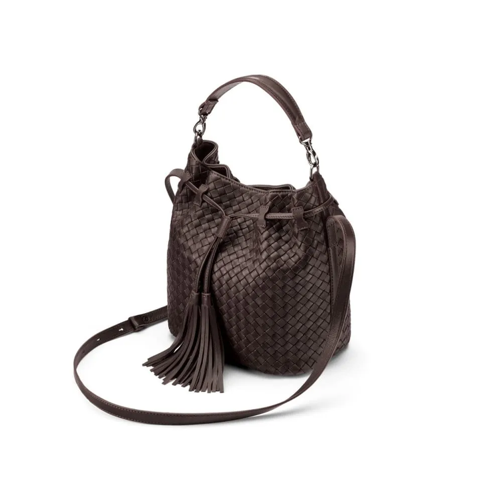 Kelly Woven Leather Bucket Bag - Brown