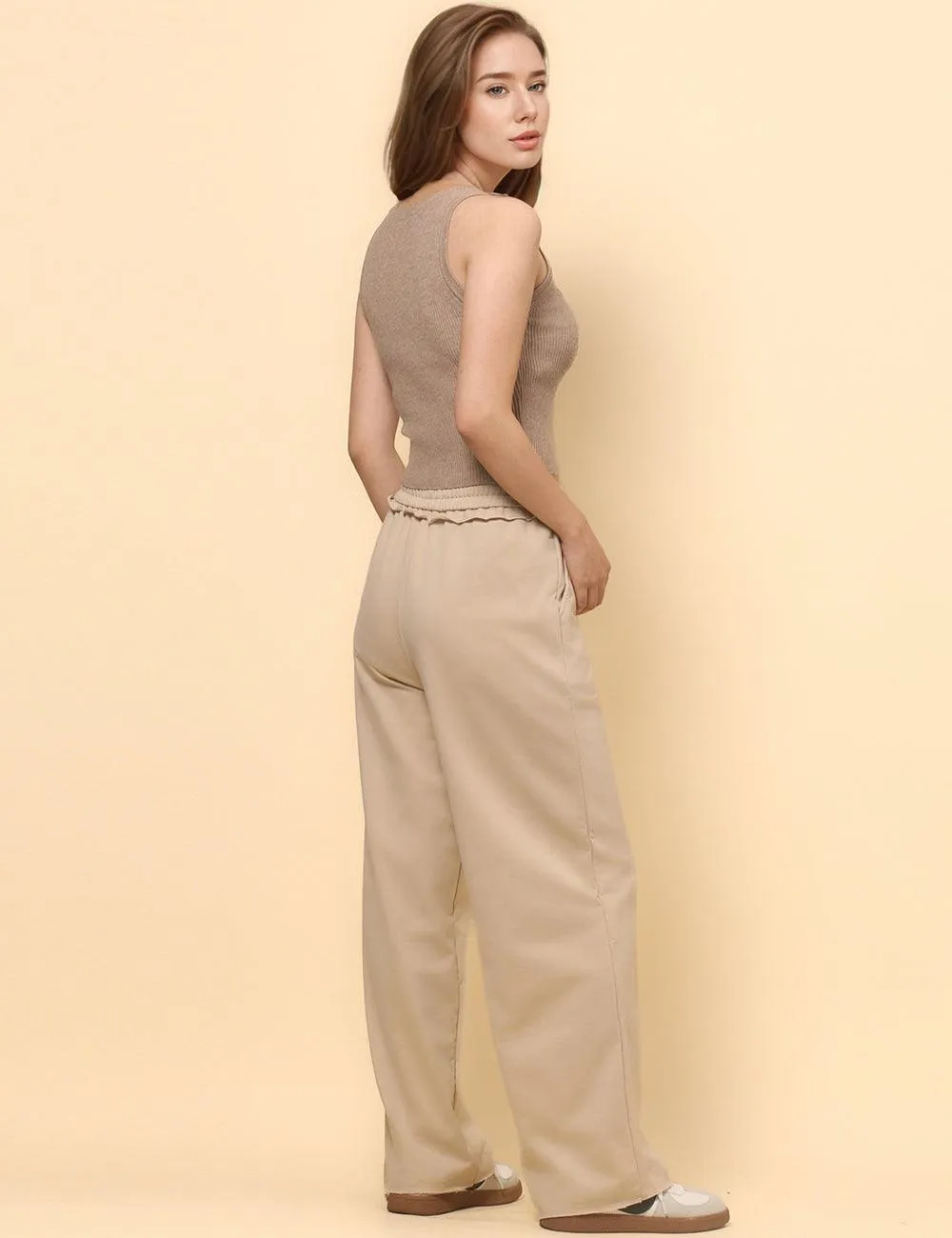 Ladies Solid Color Elastic Waist Wide Leg Casual Pants SKP4842