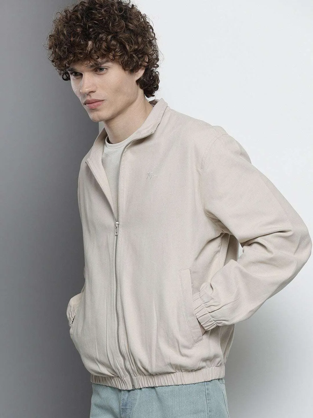 Men's Beige Solid Casual Jacket
