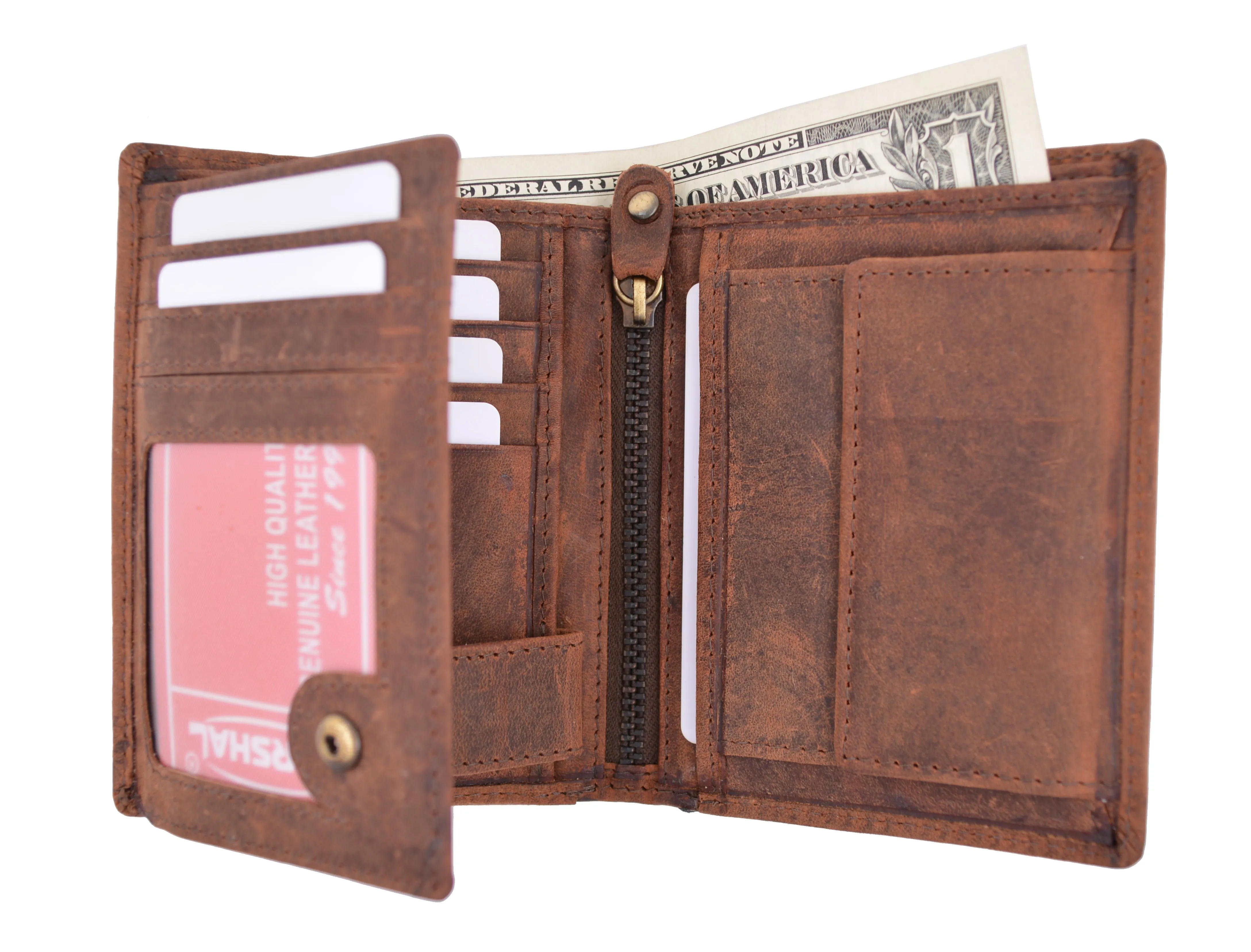 Men's Chain Biker Vintage Leather RFID Blocking European Style Bifold Trifold Wallet with ID Window