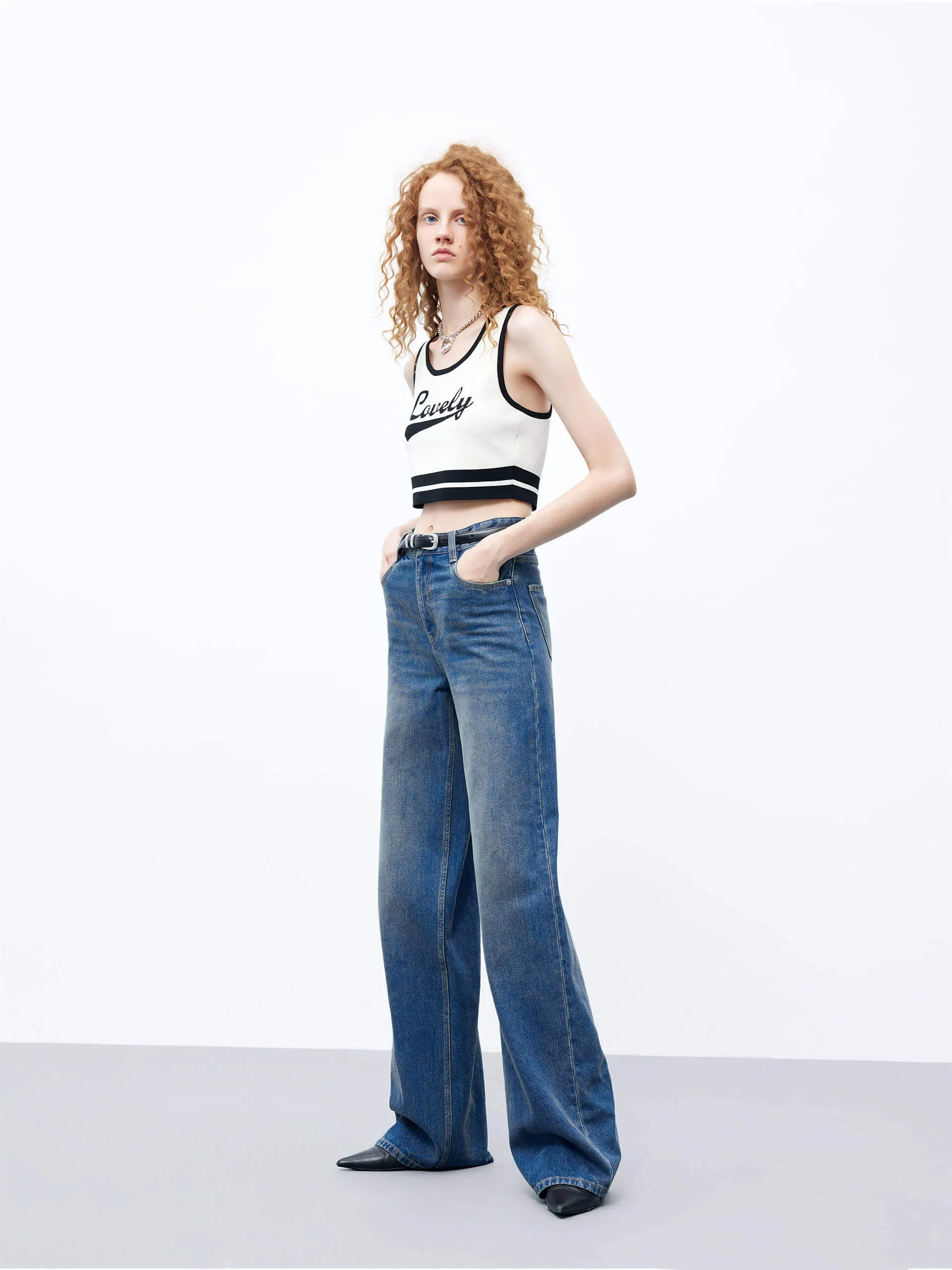 Mid Rise Wide Leg Jeans with Belt