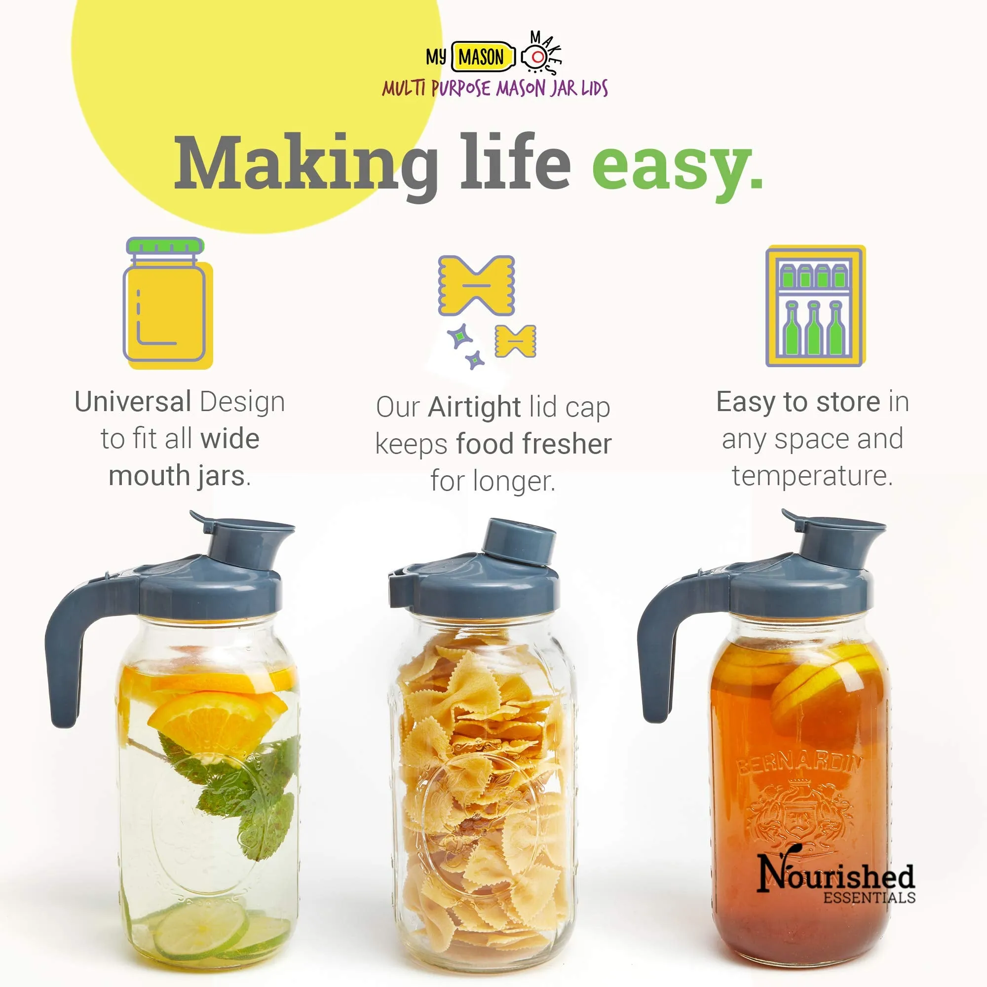My Mason Makes Multipurpose Pitcher Kit - 2 Wide Mouth Mason Jar Lids, 2 Detachable