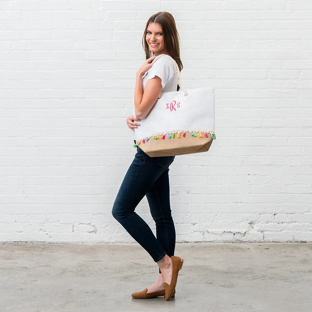 Personalized Extra-Large Woven Straw Tote Bag - Color Fringe