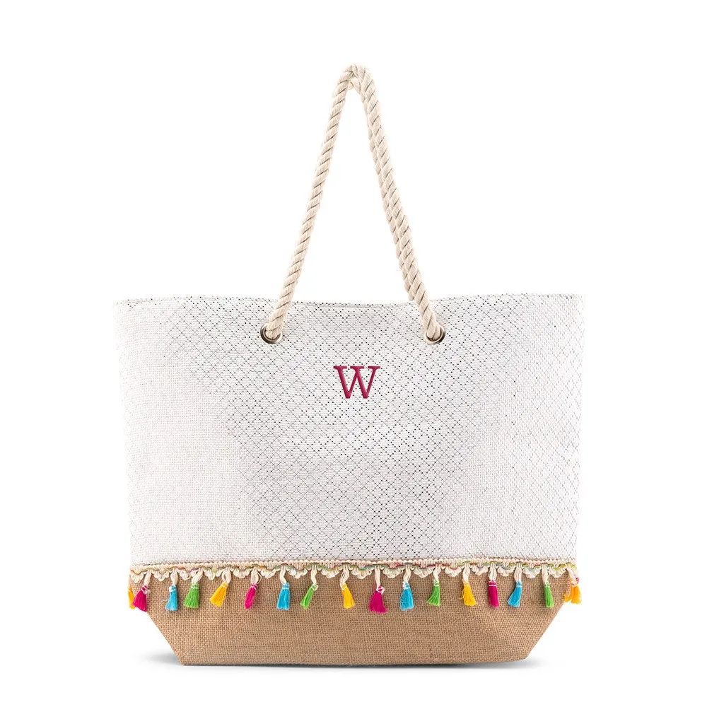 Personalized Extra-Large Woven Straw Tote Bag - Color Fringe