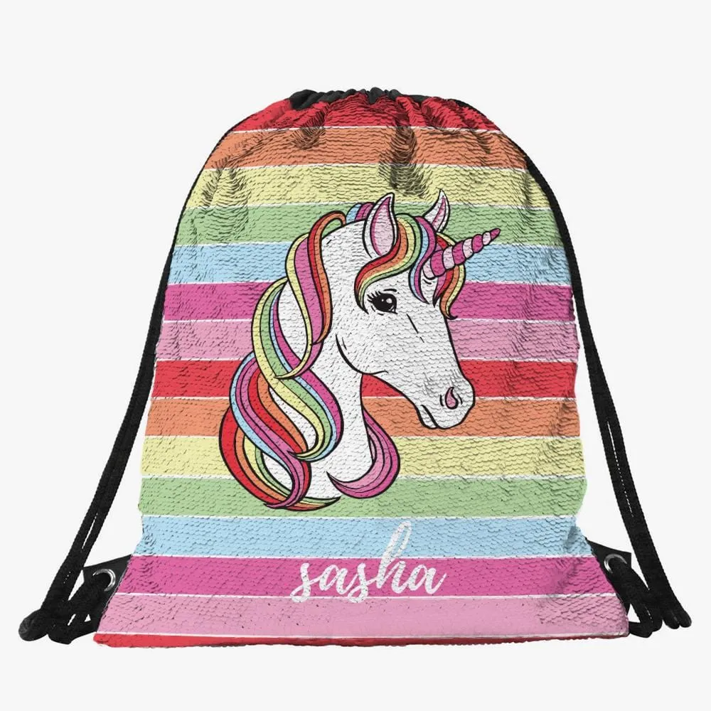 Rainbow Unicorn Custom Kids Flip Sequin Drawstring Bag | Personalized Backpacks