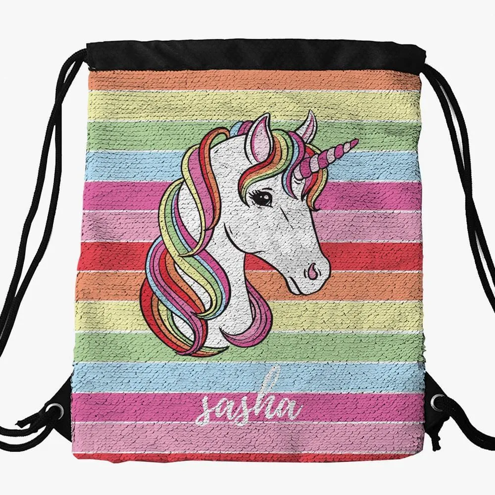 Rainbow Unicorn Custom Kids Flip Sequin Drawstring Bag | Personalized Backpacks