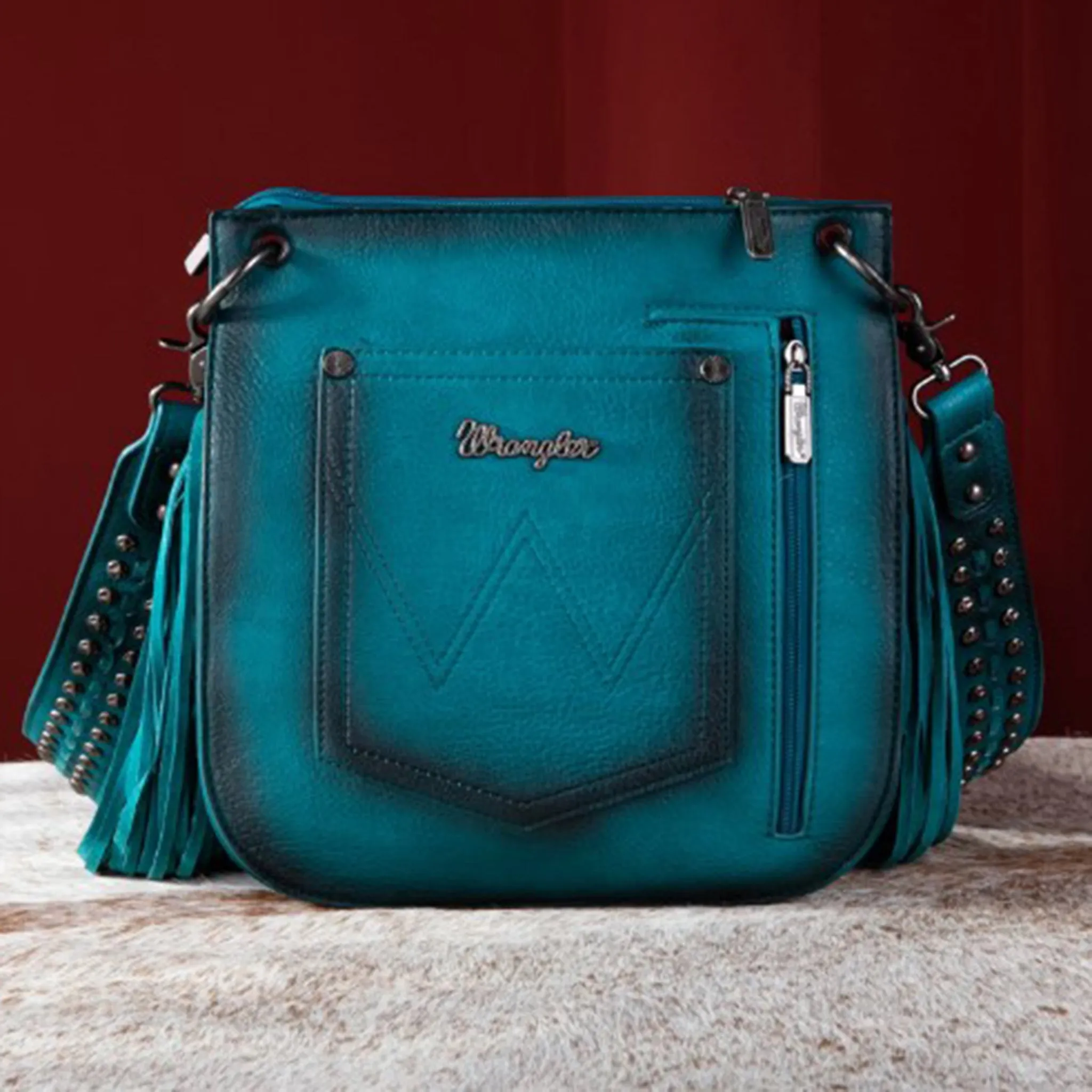 Wrangler Turquoise Rivet Fringe Purse-Conceal Carry